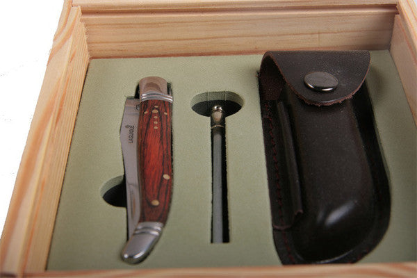 Laguiole knife + sharpening steel + leather case in luxury box